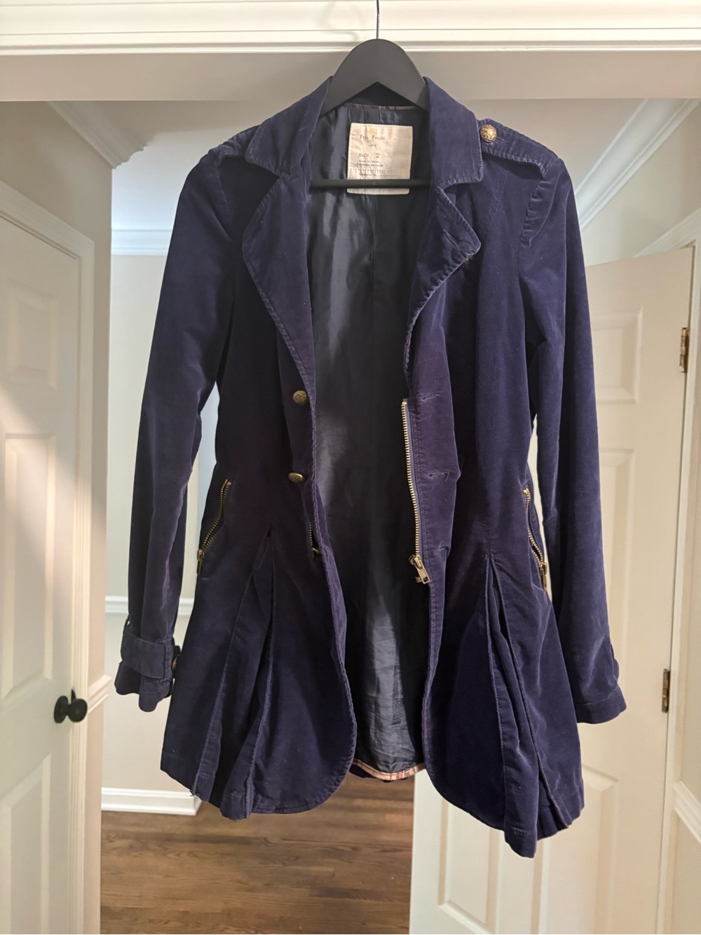 Free People Navy Corduroy Tailored Trench Coat with Gold Hardware